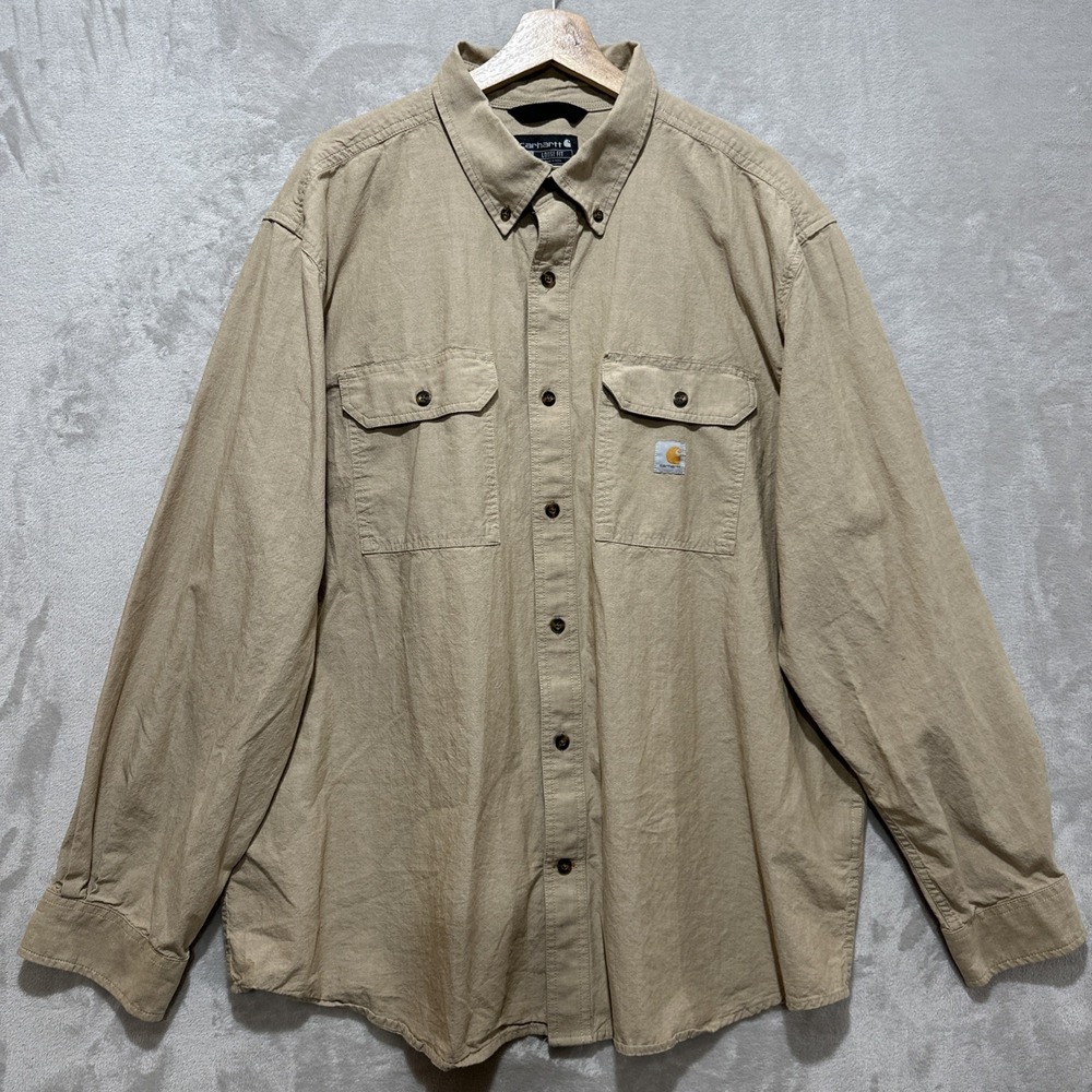 Carhartt Loose Fit Midweight Chambray Shirt 2XL Tan Long Sleeve Button Down Logo